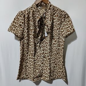 Bella Poque Women's Short Sleeve Cheetah Print Button Up Shirt with Tie Small